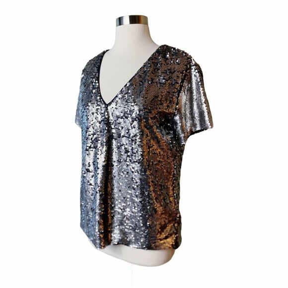 ANTHROPOLOGIE Sequin Top Short Sleeve V-Neck Vanessa Virginia Silver Small EUC - Picture 3 of 11
